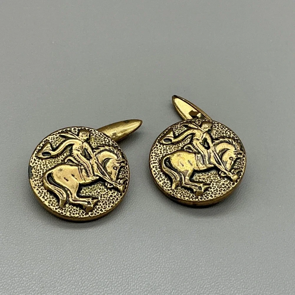 Vintage Horse Rider Equestrian Round Gold Tone Cufflinks Western Cowboy Rodeo